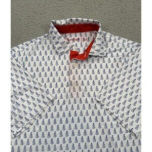 Grunk Dolfer Golf Polo Shirt Men's Medium White Blue Guitar All Over Performance